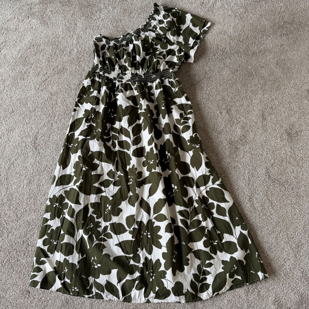 J. Crew Smocked Cotton Poplin One Shoulder Dress XL Leafy Floral Olive NEW! - Picture 4 of 10